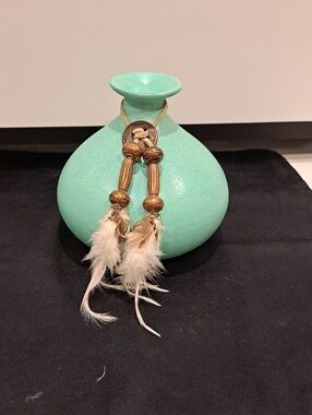 Vtg Handmade Turquoise Glitter Glaze "Wish Keeper" Vase. 5 1/2" Tall